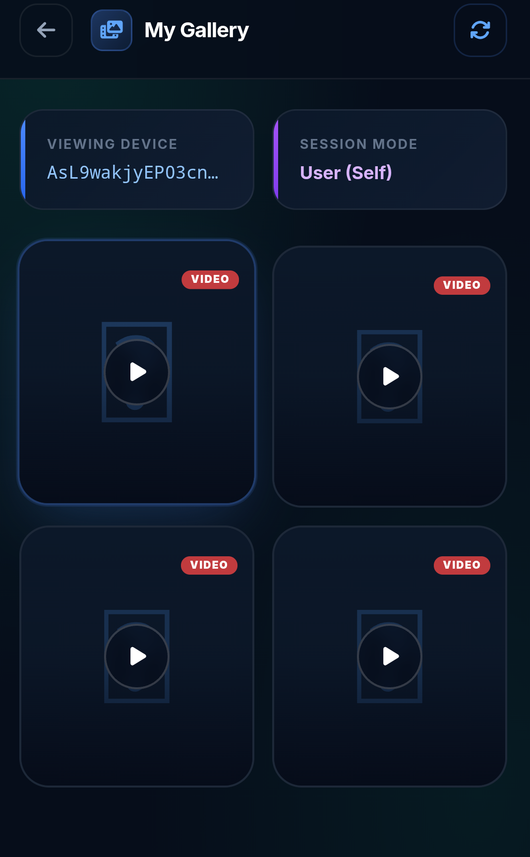 Screenshot of the Cloud Media Vault gallery showing captured photos and video thumbnails