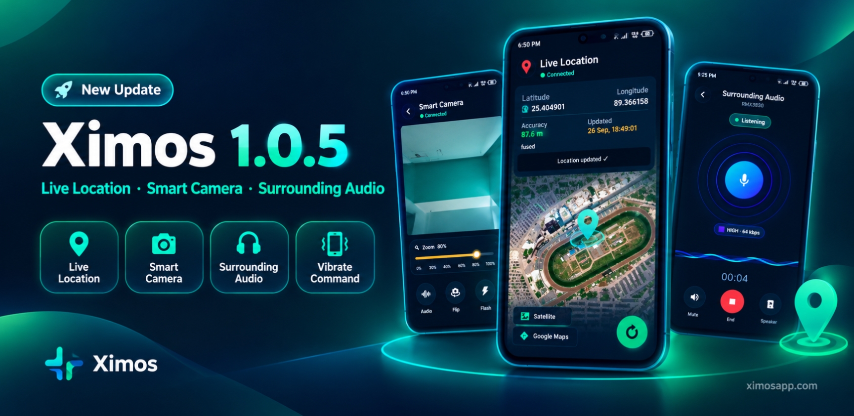 Ximos 1.0.5 Update — Live Location, Smart Camera & Surrounding Audio