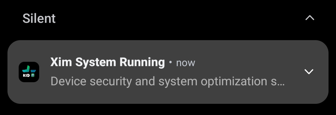 Real device screenshot showing the persistent XimosKid notification reading 'Parental monitoring is running on this device' in the Android notification shade