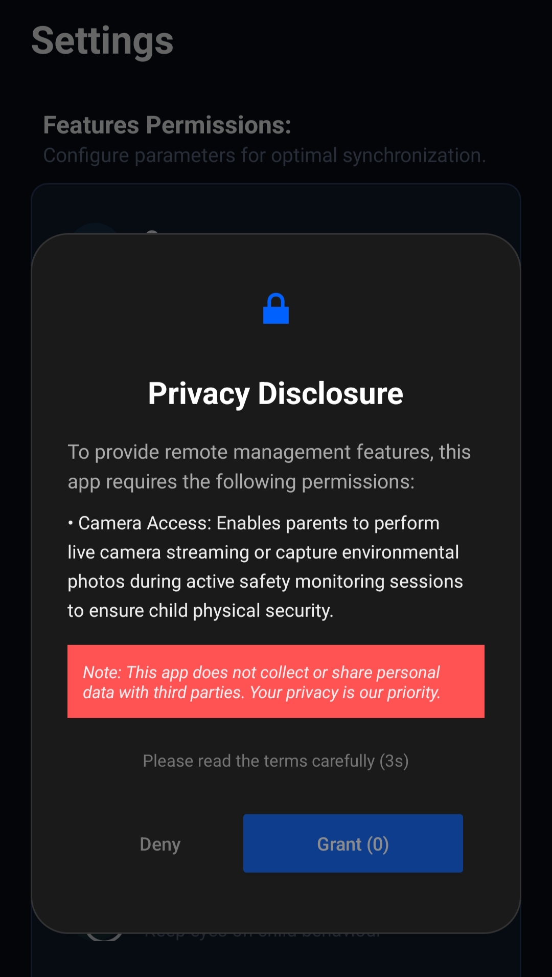 Screenshot of the Accessibility permission disclosure dialog with countdown timer