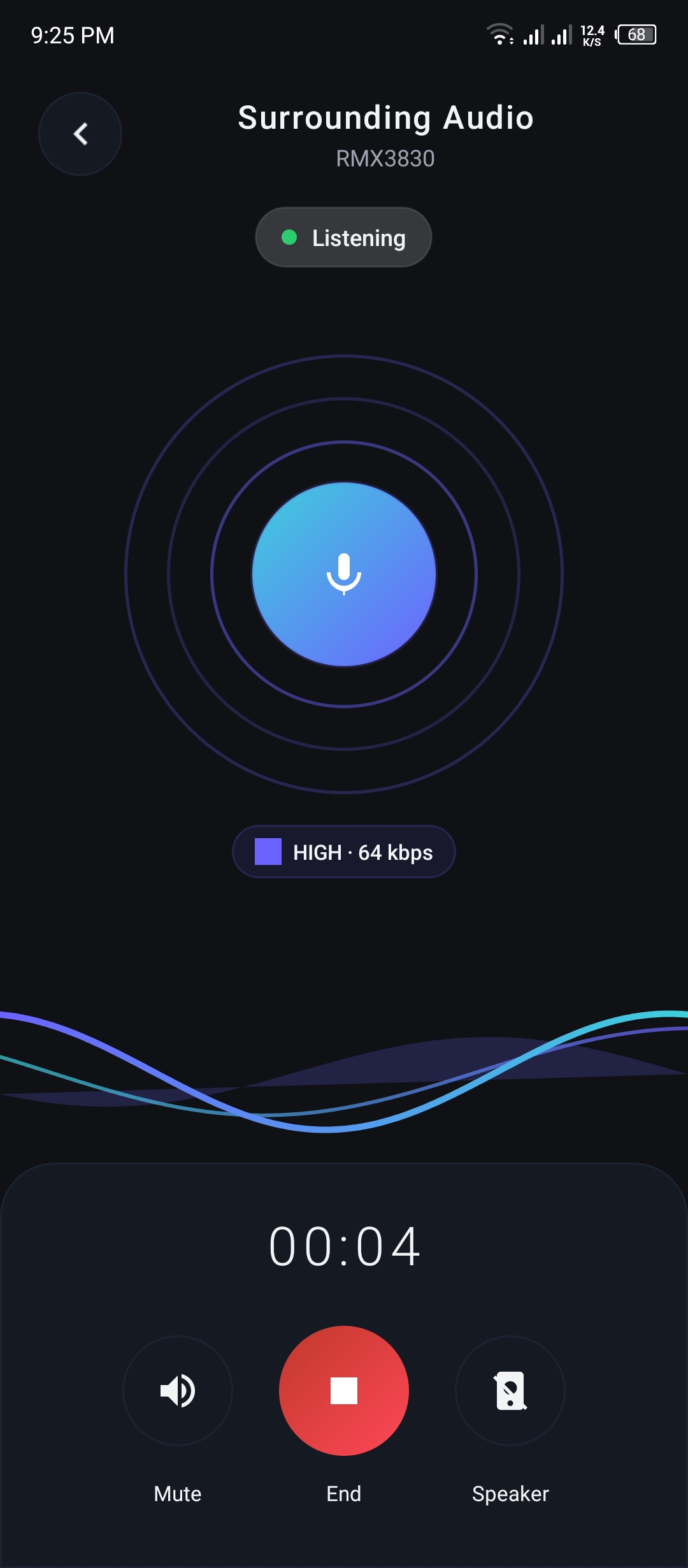 Screenshot of the Ximos Surrounding Audio screen with pulse rings and waveform